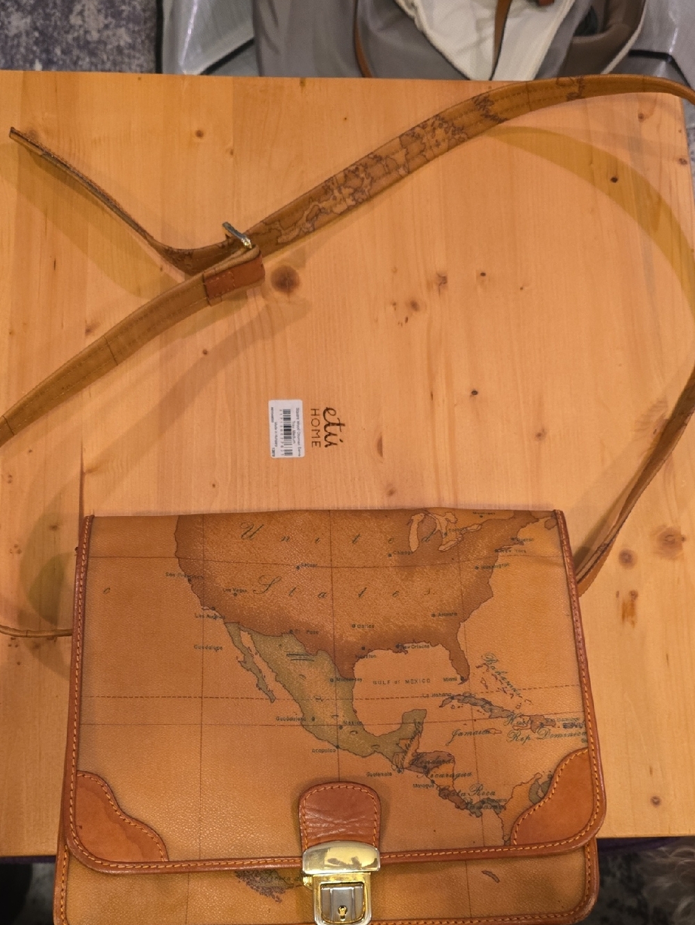 Alviero Martini Tan Map-Print Leather Messenger Bag with Gold Hardware